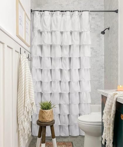 Volens White Shower Curtain Fabric Ruffle for Bathroom,72in Long