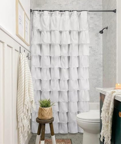 Volens White Shower Curtain Fabric Ruffle for Bathroom,72in Long