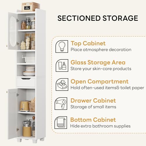 LIKIMIO 69" H Tall Bathroom Storage Cabinet with 2 Doors & 1 Drawer, Narrow Adjustable Shelves & Pull-Out Tissue Holder, Slim Freestanding Cabinet for Small Spaces, Kitchen, Entryway, White