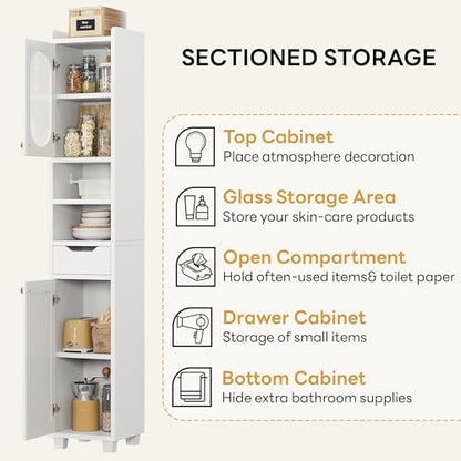 LIKIMIO 69" H Tall Bathroom Storage Cabinet with 2 Doors & 1 Drawer, Narrow Adjustable Shelves & Pull-Out Tissue Holder, Slim Freestanding Cabinet for Small Spaces, Kitchen, Entryway, White