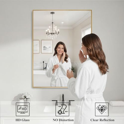 Koonmi Gold Mirrors for Wall, 30x36 Inch Bathroom Mirror, Rectangular Wall Mirror for Living Room Bedroom Bathroom, Hangs Horizontally or Vertically