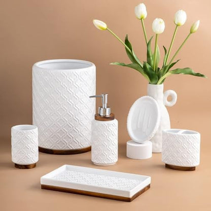 RQYIXI Ceramic Bathroom Accessories Set,Cream White,6 Piece,Embossed Design
