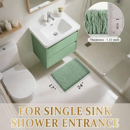 Yimobra Pure Light Green Bathroom Rugs Non Slip Washable, Ultra Soft and Water Absorbent Bath Mats, Plush Fluffy Shower Mat Outside, Microfiber Thick Matts for Bathroom Floor/Sink, 24x17
