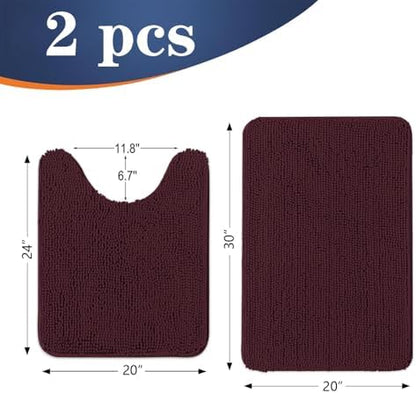 OLANLY Chenille Bathroom Rugs Sets 2 Piece, 30"x20"+24"x20", Black Cherry