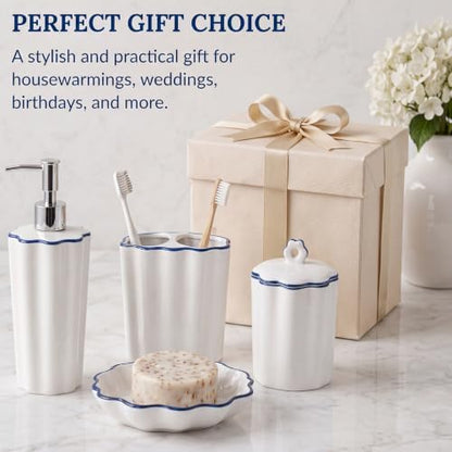 Zhehao 4 Pcs Scalloped Ceramic Bathroom Accessories Set,8.5 Inch, Blue