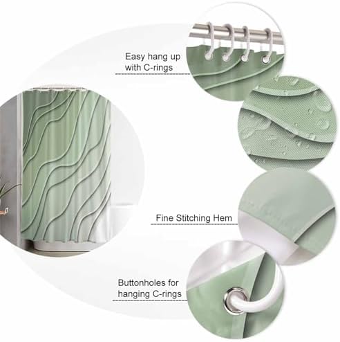 Shower Curtain Bathroom Set Gradient Sage Green Ocean Wave Line Waterproof Shower Curtains with Grommets Hooks Simple Striped Privacy Bath Curtain for Bathtub Decor 72x78in