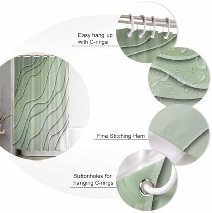 Shower Curtain Bathroom Set Gradient Sage Green Ocean Wave Line Waterproof Shower Curtains with Grommets Hooks Simple Striped Privacy Bath Curtain for Bathtub Decor 60x72in