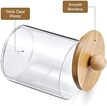 4 Pack Qtip Holder Dispenser with Bamboo Lids - 10 oz Clear Plastic Apothecary Jar Containers for Vanity Makeup Organizer Storage - Bathroom Accessories Set for Cotton Swab, Ball, Pads, Floss