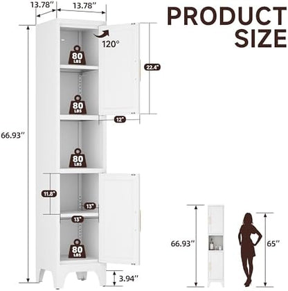 67" Tall Bathroom Storage Cabinet, Narrow Freestanding Bathroom Cabinet with 2 Doors & Adjustable Shelves, Slim Vertical Organizer for Bathroom, Entryway, Kitchen,Living Room（White）