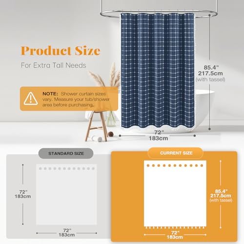 BTTN Long Boho Farmhouse Linen Heavy Duty Shower Curtain, 72x84, Navy Blue