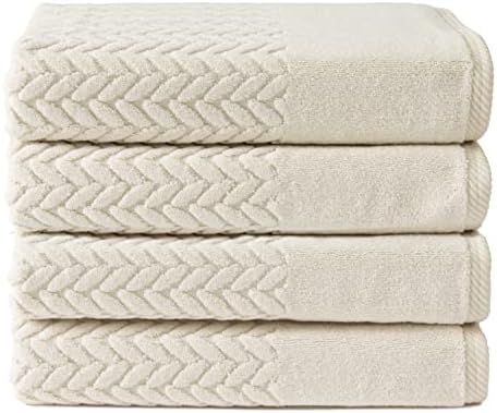 Texere 100% Organic Cotton Jacquard 650 GSM Premium Bath Towel Sets - Extra Absorbent Quick Dry and Plush (Cable, Birch, 4 Bath Towels)