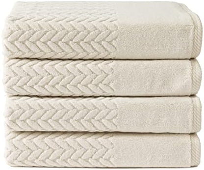 Texere 100% Organic Cotton Jacquard 650 GSM Premium Bath Towel Sets - Extra Absorbent Quick Dry and Plush (Cable, Birch, 4 Bath Towels)