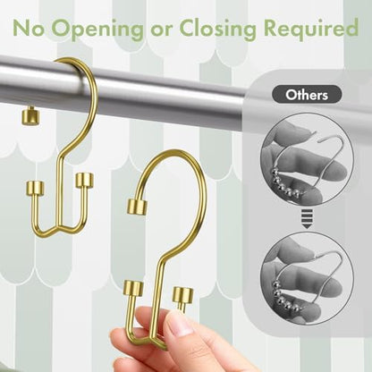 Amazer Gold Shower Curtain Hooks, 12PCS Minimalist Simple Double Shower Curtain Rings, Rust-Resistant Metal Shower Hooks, Cylinders Shower Rings for Bathroom Shower Rods Curtains