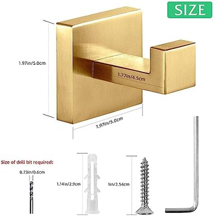 Heavy Duty Stainless Steel Towel Hooks, Wall Mounted Square Robe Hooks for Bathroom, Kitchen, Bedroom, Hotel Brushed Gold 2 Pack
