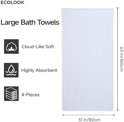 ecolook White Bath Towel Set of 4, 31 x 63 in, Soft and Highly Absorbent, Lightweight Microfiber Towels for Bathroom, Gym, Hotel and Spa