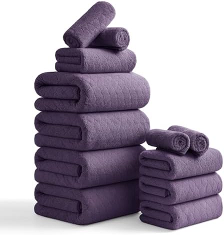 Luxury Bath Towels Set - 12 Piece (4 Large Bath Towels,4 Hand Towels,4 Washcloths), 100% Microfiber,Extra Absorbent Super Soft & Quick Dry,Complete Family Pack for Bathroom Gym Pool,Dark Purple