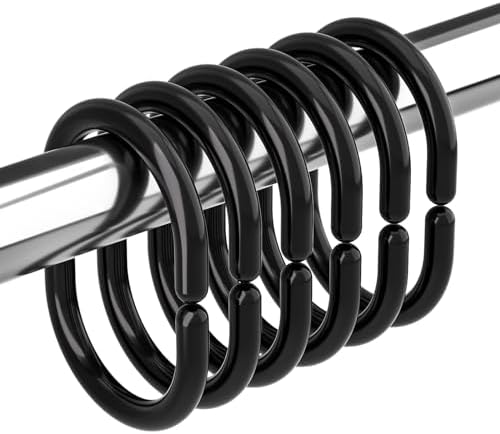 Amazer Black Shower Curtain Hooks Rings, 24 Pcs Plastic Shower Curtain Rings, Plastic Shower Curtain Hooks for Bathroom Shower Rod, Black Shower Hooks Rings Loops for Shower Curtain