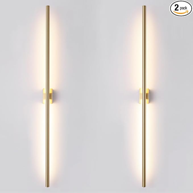 Only Suitable for Small Junction Box Set of 2 Modern Linear LED Wall Light Hardwired 48 Inch Slim Tube Waterproof Vanity Wall Sconce for Living Room Corridor Bathroom (2 Pack, 48'', Gold, Dimmable)