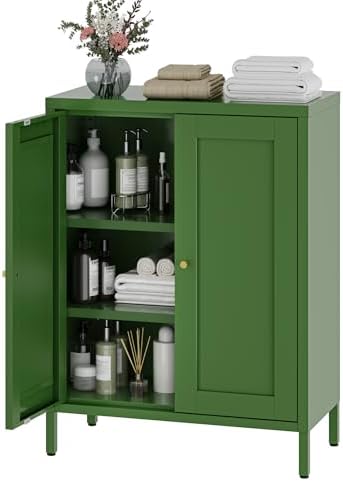 YAUWOH Small Metal Cabinet, Storage Cabinet with 2 Adjustable Shelves and 2 Doors,Freestanding Sideboard for Small Spaces, Living Room, Home Office, Dining Room(1PC,Forest Green)
