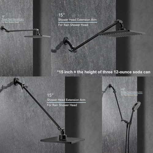 15 Inch Extra Long Adjustable Shower Head Extension Arm With Locking Set Screw, Singing Rain 304 Stainless Steel Angle Height Adjustable, Easy Install, G1/2 Universal Connector Compatible (Matt Black)