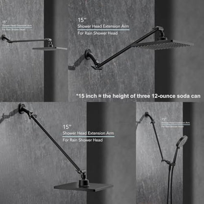 15 Inch Extra Long Adjustable Shower Head Extension Arm With Locking Set Screw, Singing Rain 304 Stainless Steel Angle Height Adjustable, Easy Install, G1/2 Universal Connector Compatible (Matt Black)