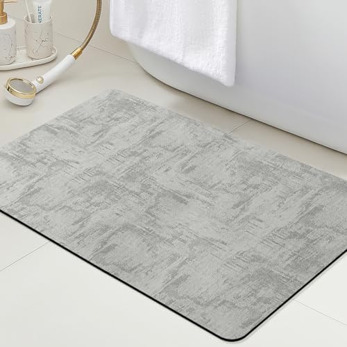 ACCUMTEK Non Slip Bath Mat, Thin Bathroom Rugs Fit Under Door, Quick Dry Bath Mats, Machine Washable Bath Rugs for Bathroom, Bathtub & Kitchen, Bathtub, Light Gray/Marble/24 x17