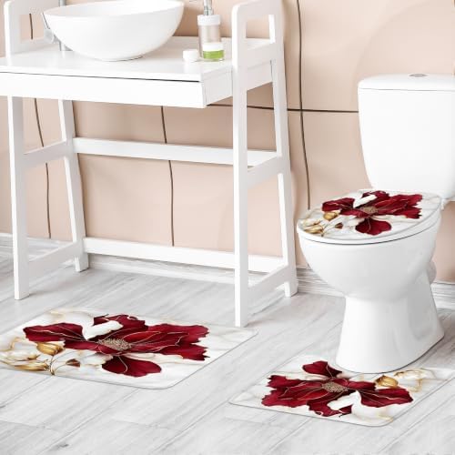 Burgundy Red Maroon Marble Floral 4Pcs Bathroom Shower Curtain Set with Rug