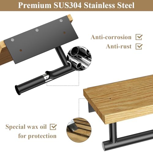 Tindbea Toilet Paper Holder with Wood Shelf, Wooden Wall Mount Tissue Roll Holder, Matte Black Stainless Steel Bathroom Accessories Decor for Household Home Apartment Restroom Essential (Red Oak)