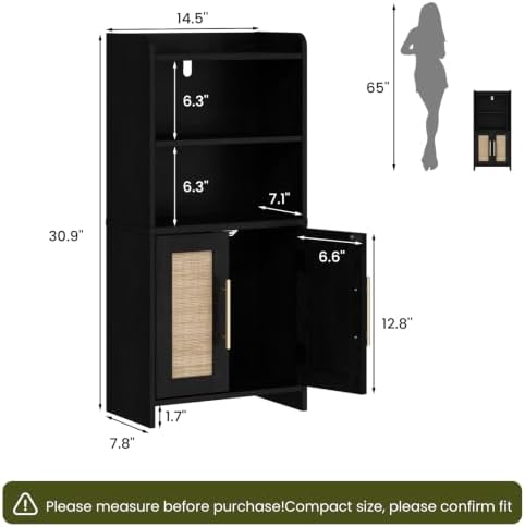 Small Bathroom Storage Cabinet with 2 Doors & Shelf,Rattan Black