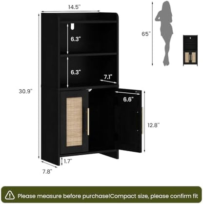 Small Bathroom Storage Cabinet with 2 Doors & Shelf,Rattan Black
