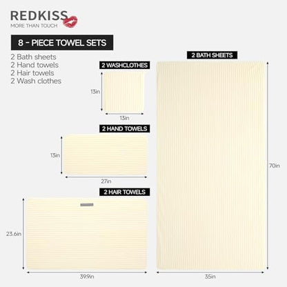REDKISS Cream Microfiber Bath Towels Set 8 Piece - 70x35 Inches Bathroom Towels of 8 Large, Oversized Bath Towel with 2 Hair Towel Wrap, Highly Absorbent Soft Shower Towels for Bathroom, Hotel, Gym