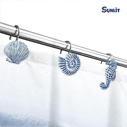 Sunlit Seashells Decorative Shower Curtain Hooks, Sky Blue Ocean Creatures Coastal Shower Curtain Rings, Resin, Nautical Bathroom Decoration Beach Shower Curtain Hooks-12 Pack