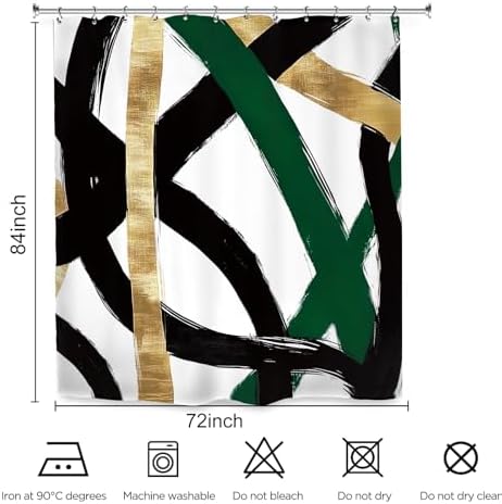 Abstract Emerald Green Black Gold Shower Curtain 72Wx84L Inch Modern Minimalist Contemporary Geometric Extra Long Bathroom Set Accessories Decor with 12 Pack Hooks