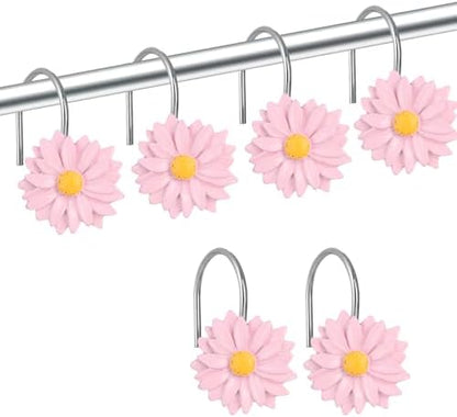 Daisy Flower Shower Curtain Hooks, 12PCS Stainless Steel Anti Rust Sunflower Shower Curtain Hooks Floral Decorative Curtain Hanger Hooks for Living Room Bathroom Decor (Pink)