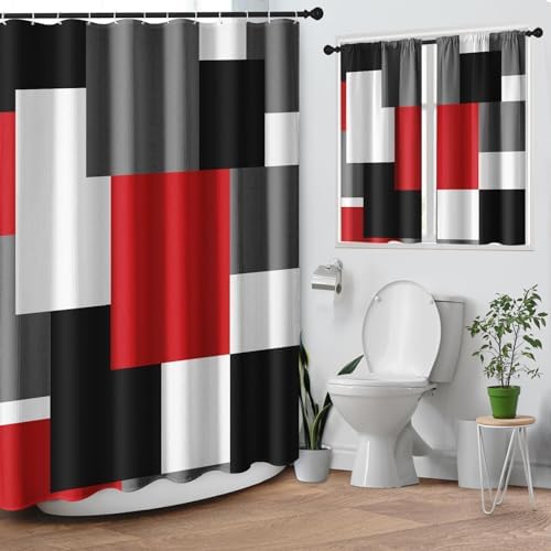 Shower Curtain Set, for Bathroom Decor 72" x 72", Geometric Red