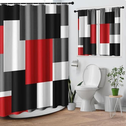 Shower Curtain Set, for Bathroom Decor 72" x 72", Geometric Red