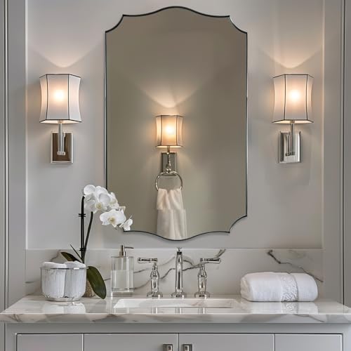 ANDY STAR 24x40 Inch Brushed Nickel Mirror, Unique Rectangle Bathroom Mirror, Large Decorative Mirror in Rust-Proof Stainless Steel 1" Frame, Modern Wavy Frame Design, Vertically/Horizontally