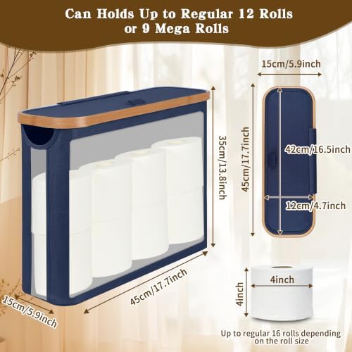 Toilet Paper Storage Basket with Lid - The Ultimate Bathroom Organizer, Free Standing Toilet Paper Holder for Up to 9 Mega Rolls, Toilet Tissue Storage Bin with Handle for RV Closet, Blue