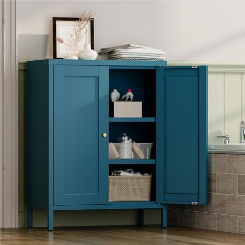 YAUWOH Metal Bathroom Storage Cabinet,Bathroom Floor Storage Cabinet with 2 Adjustable Shelves and 2 Doors,Freestanding Sideboard for Small Spaces, Living Room, Home Office, Dining Room