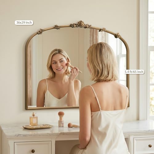 Besdomus Vintage Gold Arched Mirror: 36"x29" Antique Vanity Mirror