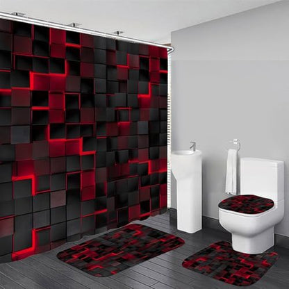 LQCOOL 4Pcs Shower Curtain Set with Rugs, Modern Bathroom Set Black Red