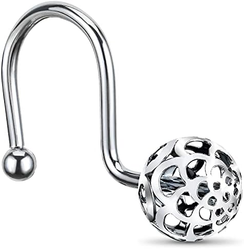 Chictie Silver Shower Curtain Hooks - Oil Rubbed Chrome Decorative Shower Curtain Rings,Set of 12 Bling Metal Rustproof Shower Hangers for Bathroom Curtains Rods Hollow Ball Design