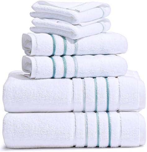 Bath Towels Set for Bathroom – Luxury 6-Piece Cotton Towels, Soft Absorbent & Quick Dry, 600 GSM Bath Towels for Bathroom, Hotel Spa Quality (White/Aqua Green, 6- Bath Towel Set)