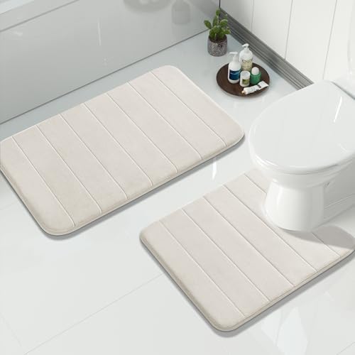 Yimobra Memory Foam Bathroom Mat Set, 31.5 x 20 & 24 x 20 in, Cream White