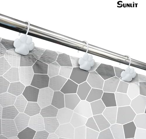 Sunlit Fashion Design Cute Paw Print Polished Shower Curtain Hooks for Dog Cat and Bear, Rust Proof Oil Rubbed Metal Shower Curtain Rings, White, 12 Pack