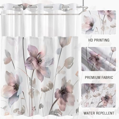 No Hook Shower Curtain and Liner Set, Pink Boho Floral 71x84