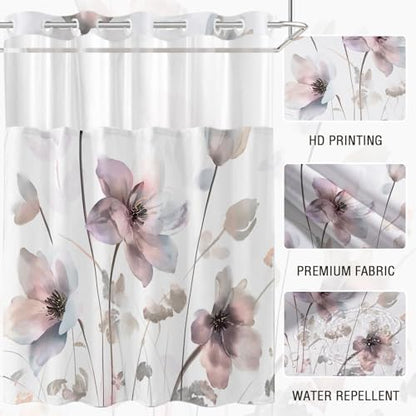 No Hook Shower Curtain and Liner Set, Pink Boho Floral 71x84