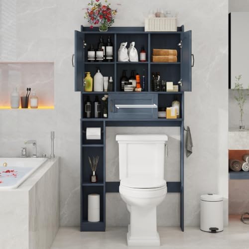 Vabches Over The Toilet Cabinet with 2 Barn Doors & Sliding Door, Blue