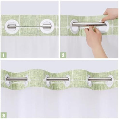 MitoVilla No Hooks Required Farmhouse Shower Curtain with Snap-in Liner - with Window & Magnets, Boho Cotton Linen Fabric Shower Curtains with Tassels for Rustic Bathroom Decor, Sage Green, 72 x 74