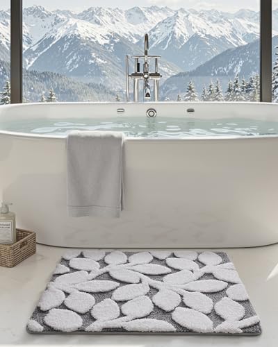 DEXI Bathroom Rugs Non Slip Washable 32x20, Boho White Leaf Bath Mat, Gray